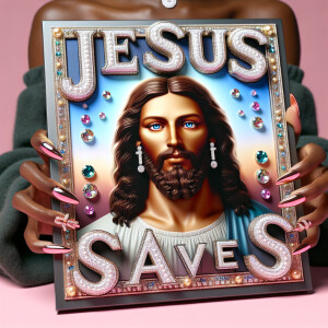 A 3D realistic artwork featuring the phrase 'Jesus Saves' adorne...