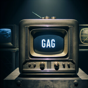 Eerie scene of a tube tv with the word “GAG” on the screen