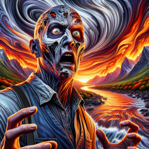 Man with similarities to Freddy Krueger, charred face, vivid exp...