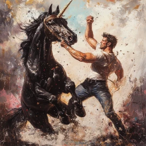 Unicorn-man fighting the black stallion