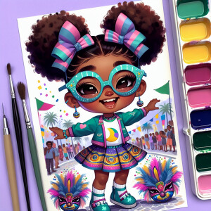 A chibi-style image of an African American 3-year-old girl, stan...