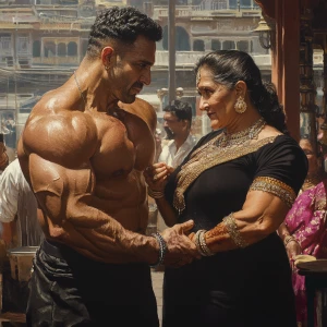 Hyperrealism fantasy photo , a muscular, sweaty criminal man  gr...