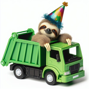 A cute baby fuzzy sloth is perched inside a miniature green garb...
