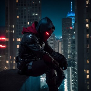 a masked Jason Todd (from teen titans)crouching on a ledge of a...