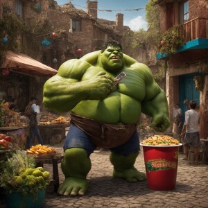 A humorous and surreal image depicting an obese, overweight hulk...