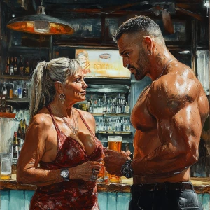 a muscular sweaty beefy man standing and  talking to his middle...
