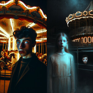 Night. An abandoned carousel. There is a boy standing next to he...
