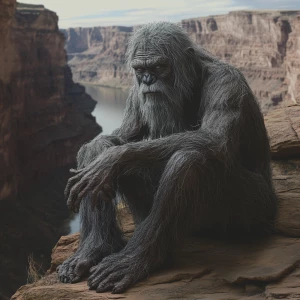 A humanoid looking grey haircovered sasquatch with a matted bear...