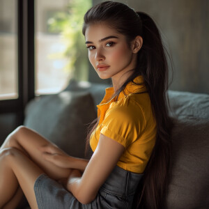 Capture the elegance of a fair-skinned woman with dark long hair...