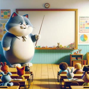 "A chubby cartoon cat acting as a teacher, standing on one side...