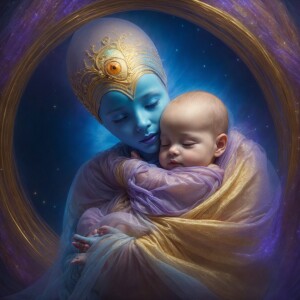 A tender mother alien gently cradles her glowing, one-eyed cyclo...