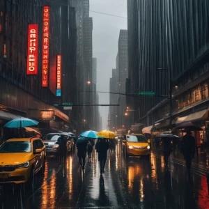 A city street slick with rain, as storm clouds gather overhead and pedestrians huddle under umbrellas.