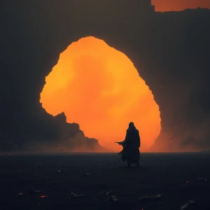 Photorealistic cinematic scene of a lone figure standing beneath...