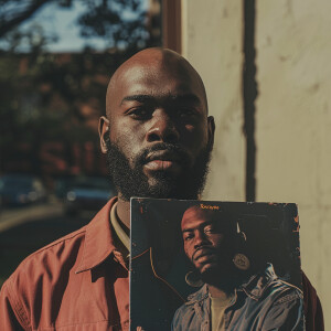 A bald African American man holding up the album cover of 'Texas...