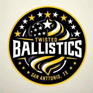 Create a circular logo with "TWISTED BALLISTICS" centered in the...