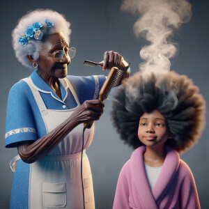 Create a realistic 3-D image of an african-American grandmother wearing a blue house dress and a white apron . She is in the kitchen with her african-American granddaughter. Her granddaughter is wearing a pink bath robe. The grandmother has a hot comb in her hand and she is straightening her granddaughters hair. One side of her granddaughters hair is in  a Afro the other straight 
There is smoke coming from the hot comb
The granddaughter is making a face