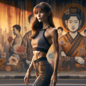 Athletic Thin skinny Attractive, Asian teenage girl, long brown hair and bangs, wearing tight skinny jeans and a halter top paint marks on her clothing, heroic pose Asian graffiti background, side view