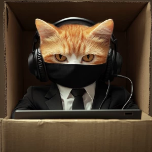 Generate an image of an orange and white cat wearing a black bal...