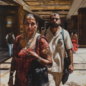 Hyperrealistic painting.A sweaty  man walking with his mother in...