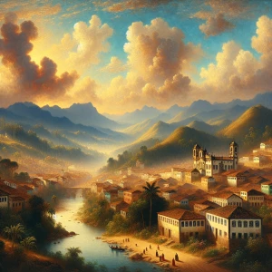 Create an image in the style of J.M.W. Turner depicting the cityscape of Mina’s gerais colonization period scenery  Brazil, capturing the interplay of light and color typical of Turner's paintings.