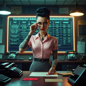 A cinematic close-up of Dahlia Valentina as a Continental Admini...