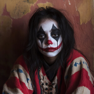 Chicana wearing clown makeup that makes her look sad