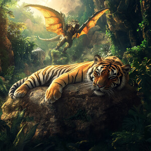Create an image of a relaxed tiger sprawled out on a large bould...