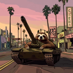 Sloths slerf meme..Driving a tank down the strip, in GTA San And...