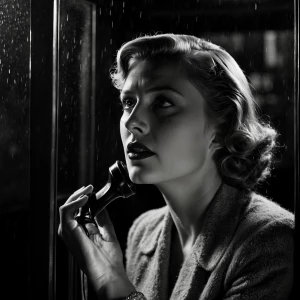 A cinematic still from a 1940s film noir, showing a captivating...