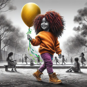 A brown-skinned African American toddler girl with big curly red...