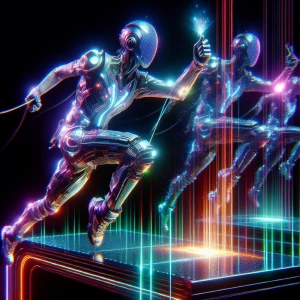 In a mesmerizing display of neon-lit holographic extravagance, a charismatic figure dances on stage surrounded by a symphony of digital visuals. This vivid scene is captured in a hyper-realistic acrylic painting, with each pixel-painted detail exuding an otherworldly glow. The performer's sleek, metallic suit reflects the pulsating lights, while their electrifying movements seem to defy gravity. The overall image is a masterful blend of futuristic technology and artistic skill, immersing viewers in a virtual concert experience like no other.