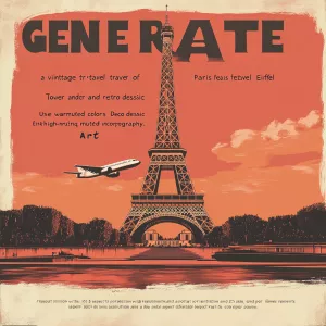 "Generate a vintage travel poster of Paris featuring the Eiffel...