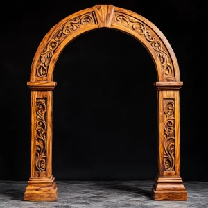 A wooden archway, centered in the image. The arch is carved with beautiful scroll pattern out of several different shades of wood colors. The floor shows natural stone.   The archway has a smooth, semi-circular shape and is also adorned with beautiful carvings.  The wood has a rich, dark brown color with lighter, streaky highlights.  The interior of the archway is completely black. The archway sits atop a natural stone base.  The framing of the archway, with its pillars and base, provides a sense of depth and structure. The background is a plain,black.The overall style is rustic, minimalist, and natural, evoking a sense of warmth and organic beauty. The lighting is even, casting no distinct shadows within the image, which enhances the focus on the wood texture and its details. The perspective is straight-on, looking directly at the archway.