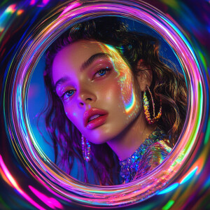 An ultra-realistic female portrait framed by a round, mirror-lik...