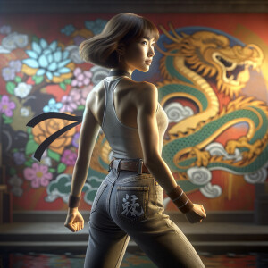 Athletic Thin skinny Attractive, Asian teenage girl, long brown hair and bangs, wearing tight skinny jeans and a halter top paint marks on her clothing, heroic pose Asian graffiti background, backside view