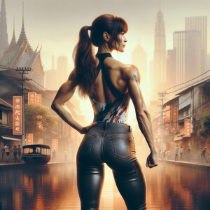 Athletic Thin skinny Attractive, Asian teenage girl, long brown hair and bangs, wearing tight skinny jeans and a halter top paint marks on her clothing, heroic pose Asian graffiti background, backside view