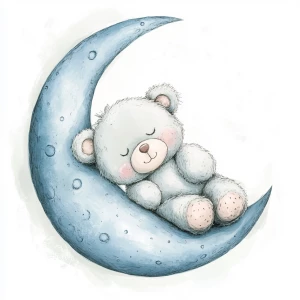 A cute, cartoon teddybear lies on a stylized, soft blue grey crescent moon. The moon shows the crater holes and relief in the surface. The teddy bear is light gray with large, round, pink-spotted ears.  Its body is round and he has expressive eyes.  its facial expression is happy and friendly. The teddy bears leg and foot are visible, and its posture is relaxed, lying down in the curve of the moon. it's stomach is lying down on the moon with left arm and leg showing hanging down. The moon is a soft, shaded blue, with watercolor-like texture and subtle shading. The background is white. The image is in a child-friendly style, showcasing delicate line work and color palettes. The composition is centered on the teddy bear which is positioned lying slumped face down on  the moon, giving the moon a hug with closed eyes. The overall style is sweet, whimsical, and reminiscent of children's book illustrations.  The colors are pastel and soothing, creating a gentle atmosphere.