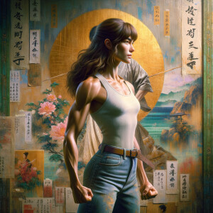 Athletic Thin skinny Attractive, Asian teenage girl, long brown hair and bangs, wearing tight skinny jeans and a halter top paint marks on her clothing, heroic pose Asian graffiti background, backside view