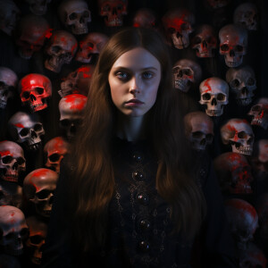 A haunting, hyperrealistic portrait of a pale young woman with l...