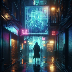 In the dimly lit alley of a neon-drenched cyberpunk cityscape, a...