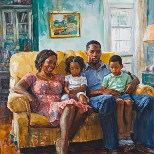 Portrait of an African American family in their home, featuring...