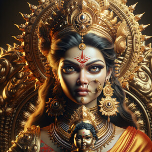 Portrait of a hour glass figure, athletic body, beautiful goddess durga sitting on a golden crown and mahishasur laying on top of her lap like a baby.  wearing red saree, gold jewelry all over her body, big gold crown on her head, she  looking into the lens with extremely angry expression, hyper realistic, cinematic lighting, 8K, UHD, face rendered with realism, photorealistic, perfect composition