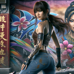 Attractive, Asian teenage girl, long brown hair and bangs, wearing tight skinny jeans and a halter top paint marks on her clothing, backside view heroic pose Asian graffiti