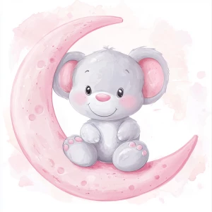 A cute, cartoon teddybear sits on a stylized, rosy-pink crescent moon. The teaddy bear is light gray with large, round, pink-spotted ears.  Its body is round and he has expressive eyes.  its facial expression is happy and friendly. The teddy bears legs and feet are visible, and its posture is relaxed, sitting. The moon is a soft, shaded pink, with watercolor-like texture and subtle shading. The background is white. The image is in a child-friendly style, showcasing delicate line work and color palettes. The composition is centered on the elephant, which is positioned on the moon. The overall style is sweet, whimsical, and reminiscent of children's book illustrations.  The colors are pastel and soothing, creating a gentle atmosphere.