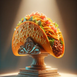 Generate an image of an oversized taco with a vivid orange shell...