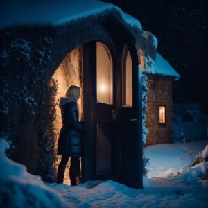A girl with blonde hair opens the door of the house, at night in...