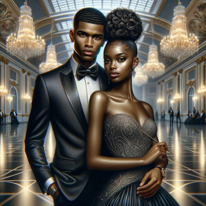 Depict an African American duo at a lavish gala. The gentleman s...