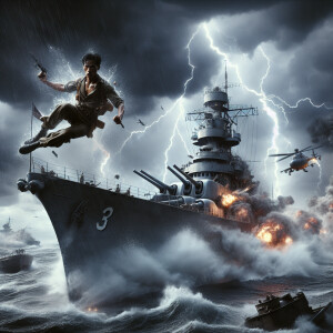 A battleship, in pieces from a torpedo hit, soldier being blown...