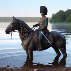 Нарисуй лошадь, стоящую на воде посреди озера. На лошади сидит Ч...