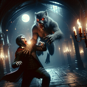 A ferocious werewolf with glowing red eyes hurls a startled Drac...